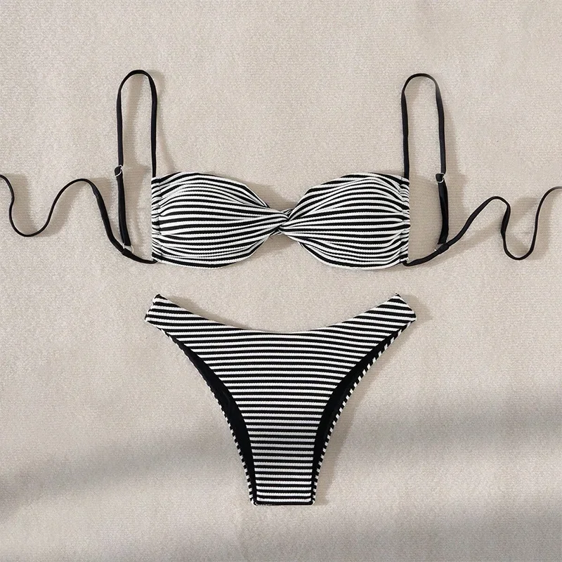 Sexy branco preto listrado com nervuras conjuntos de biquínis duas peças gravata sem costas tanga maiô maiô praia outfits biquini