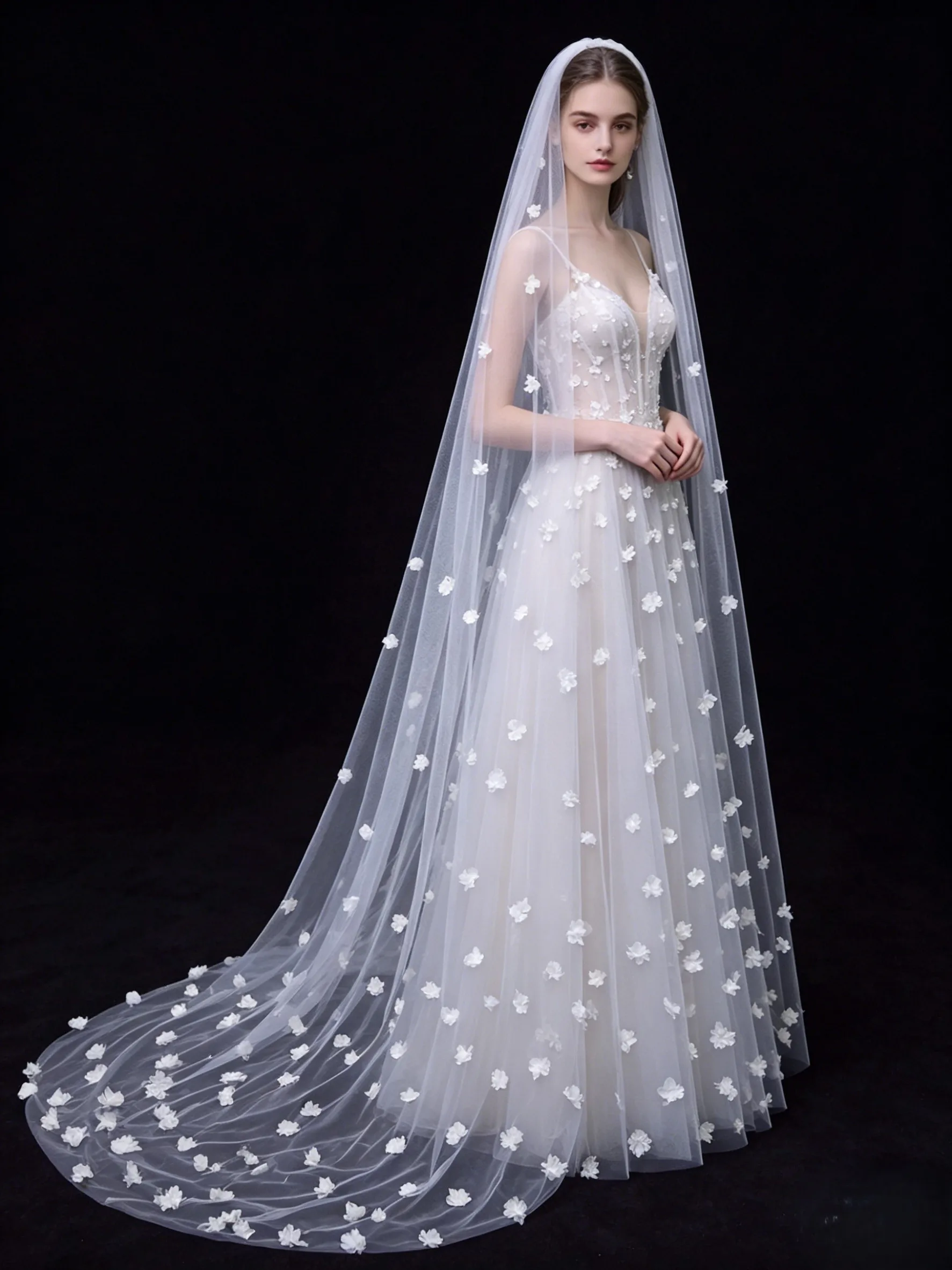 1Layer Short Long Cathedral Wedding Veil Bridal Veil Beaded 3D Flower Elegant  Headwear Accessories whit Comb For Women G20