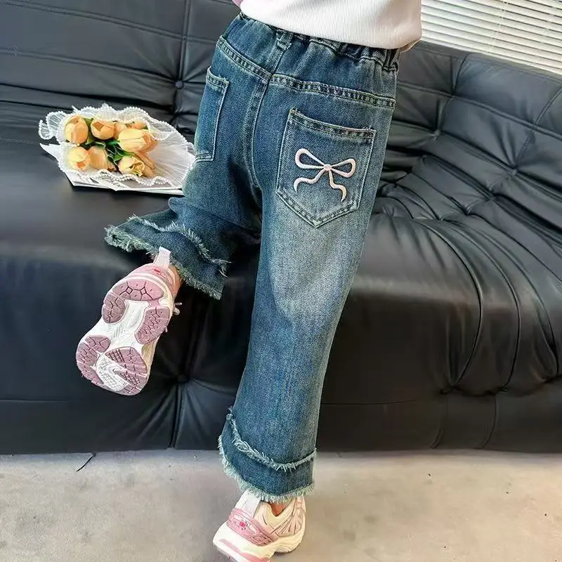 

Girls' Jeans Children's Spring and Autumn New Style With Stickers Frayed Edges Embroidered Straight Leg Jeans