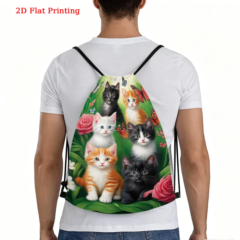Cute Kitten Pattern, Drawstring Backpack, 2D Flat Printing Cats And Roses Design, Fitness Sports Bag, Outdoor Travel Drawstring