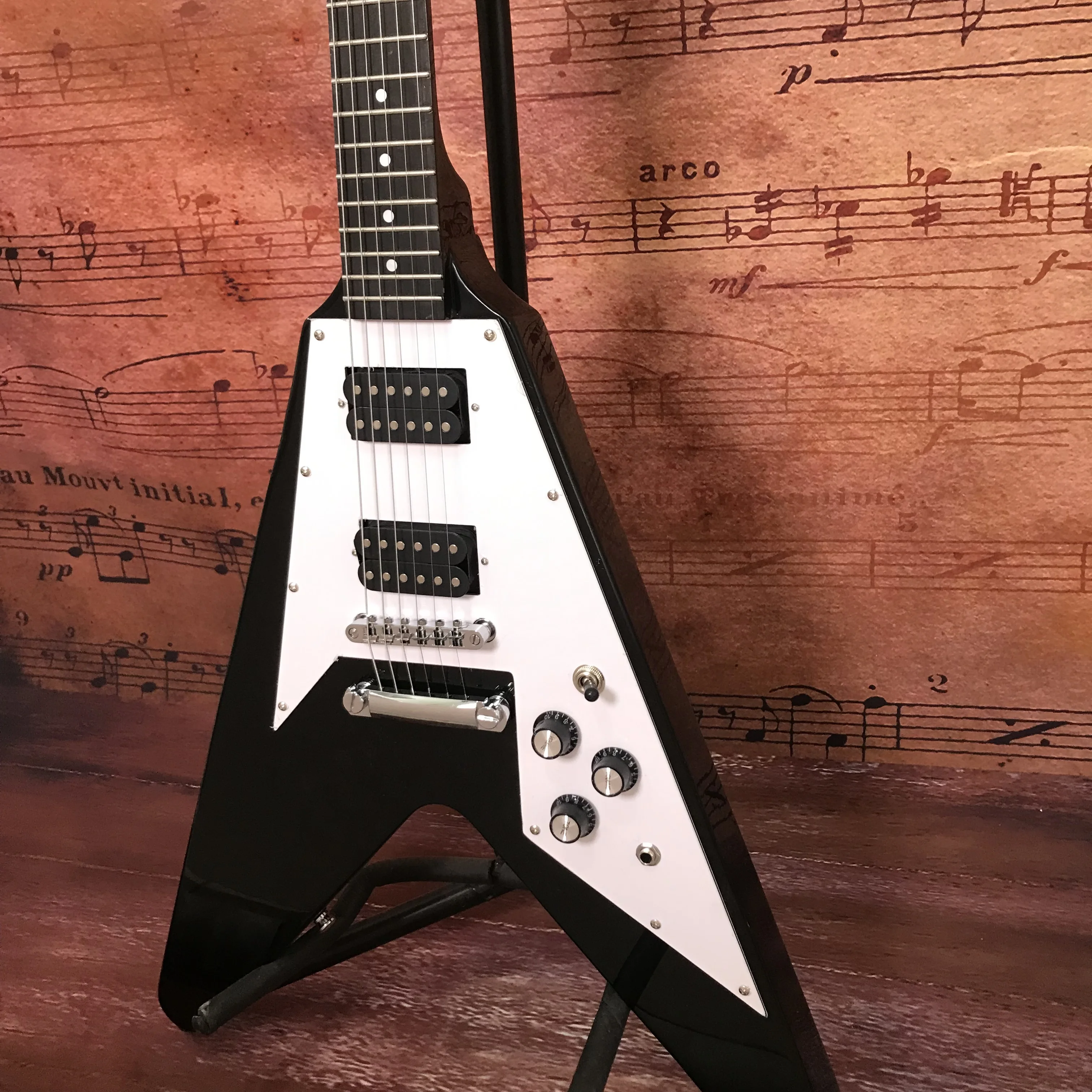 Stunning factory custom electric guitar Flying V black color dot inlays Rosewood fingerboard hot sale