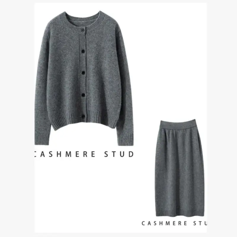 

Chic O-Neck Cardigan Skirt Set Grace Women's Autumn Winter 100% Cashmere Soft Sweater Luxury Office Lady Knitwear Casual Suit