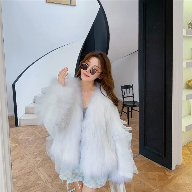 Winter Double Sided Woven Fur Coat Raccoon Hair Short Outerwear Youth Loose Lace Knitted Thick Warm Fur Jackets Women's Clothing