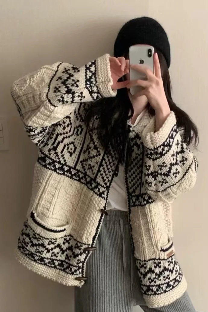 

Вязаный свитер-пальто в стиле ретро для женщин, осенне-зимний, ручной работы, крупной вязки, теплый, модный, корейский стиль, с длинными рукавами