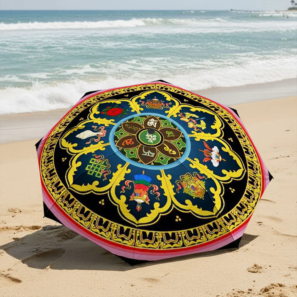 Mandala Design Umbrella with Tibetan Symbols Compact Fashion Folding Umbrella for Daily Use, Christmas Gift