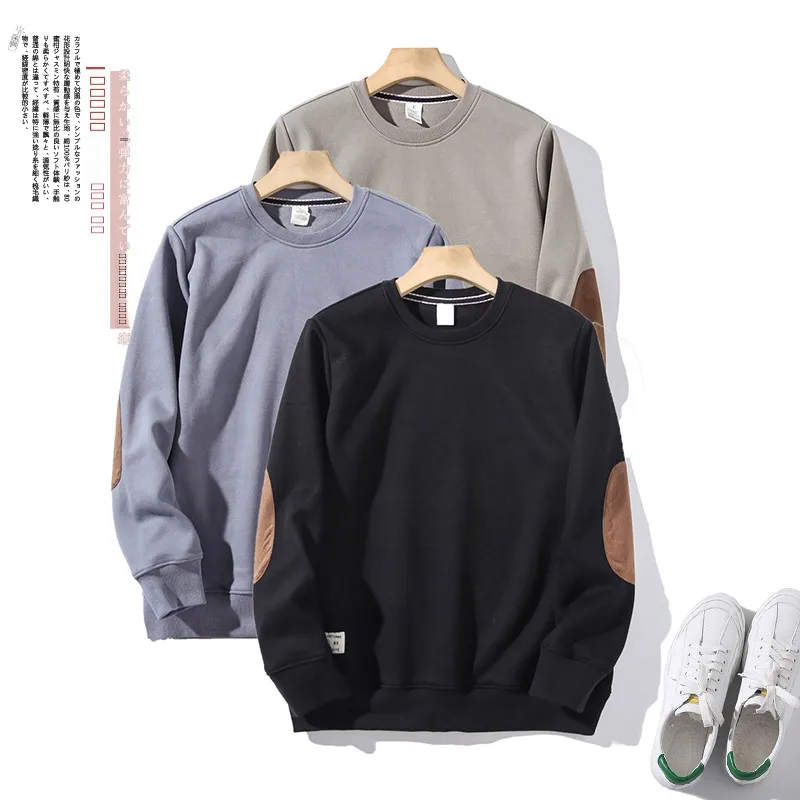

Thiened Fce Warm Suede Patch round Ne Long Sve Hoodie for Men Pure Color Autumn Winter Faion Street Sle Daily Wear