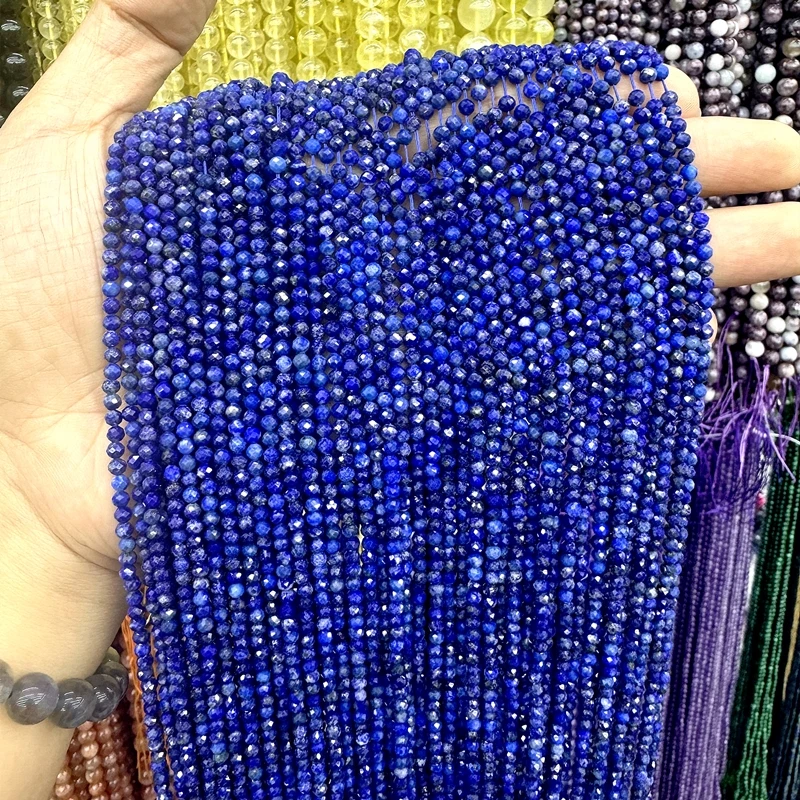 Natural Faceted Lapis Lazuli 2/3/4MM Small Tiny Round Loose Strand Stone Beads For Jewelry Making Bracelets Necklace Accessories