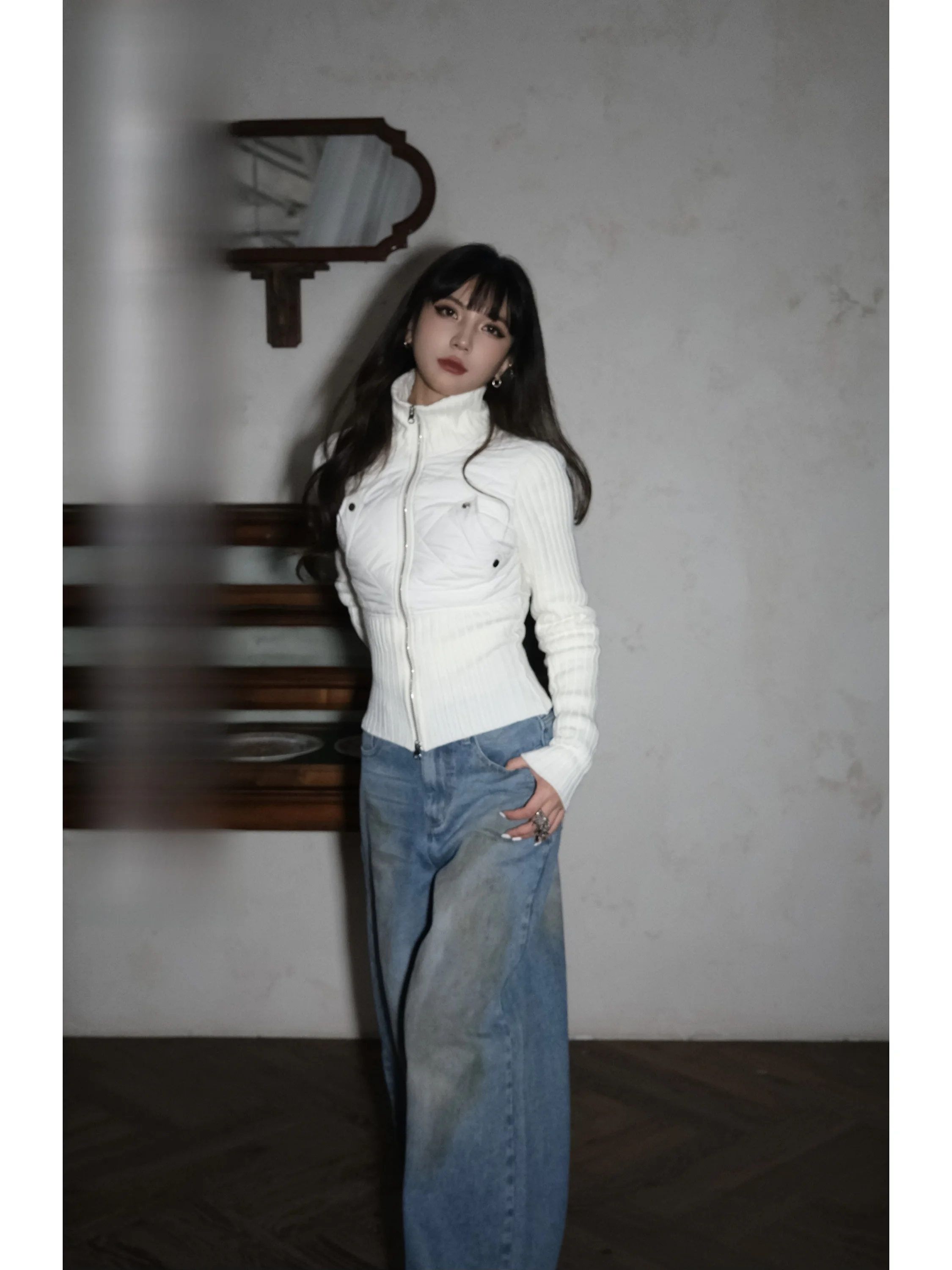 

Avemann High-End Geometric Patchwork Knitted Sve Cotton Jaet Women's Stand Collar Slim Fit Top Winter Commute Sle