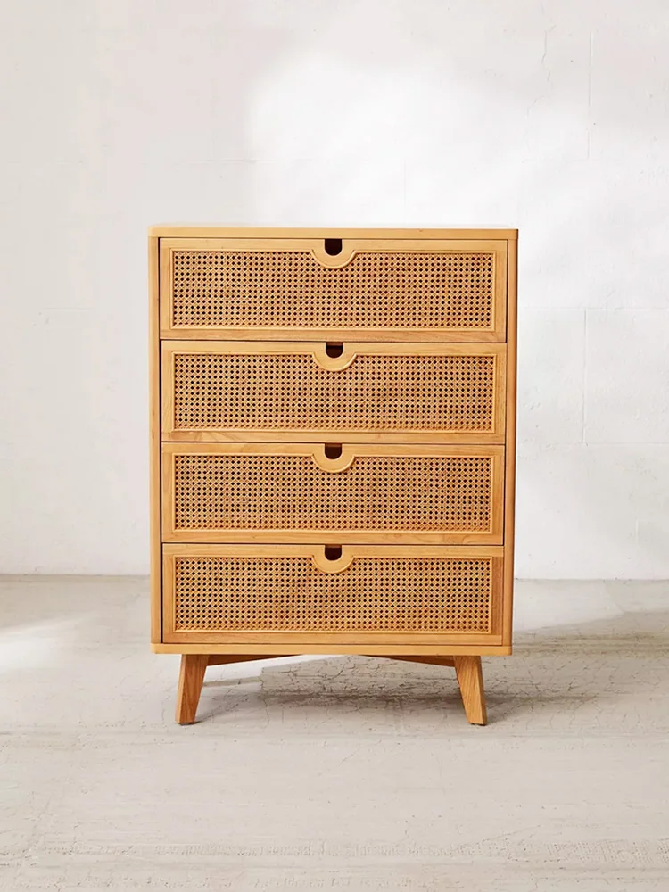 Nordic solid wood rattan woven four bucket cabinet, retro and simple wall standing cabinet, home stay bedroom storage cabinet