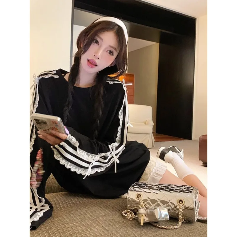 

Women's clothing Bow tie Black Long sleeves Loose fit T-shirt Summer Lace Patchwork Mid-length Round neck Versatile sweatshirt