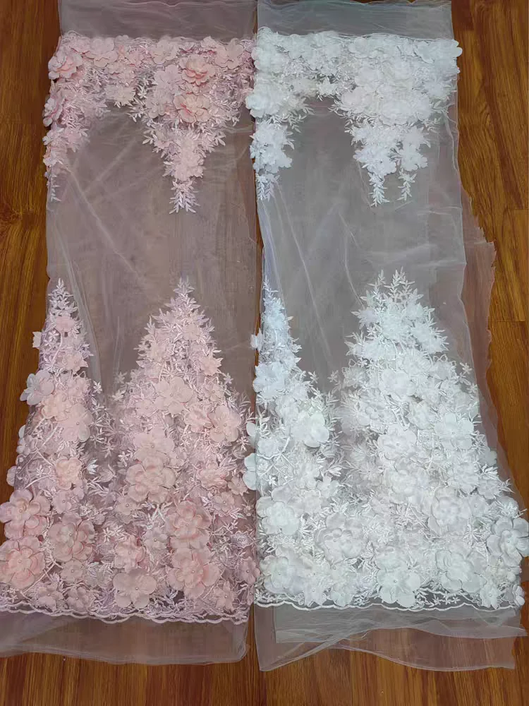 Rosa e marfim 3D flores rendas com pérolas bordadas tecido de flores vestido de noiva tecido de renda
