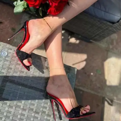 

Black Patent Leather Bling Crystal Rhinestone Pointed Open Toe Thin Heels Modern Slippers Women Sexy Shallow High Heel Mules