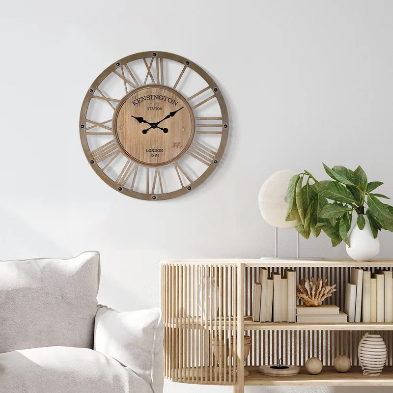 

Retro minimalist wrought iron wall clock, minimalist solid wood creative wall hanging, living room home decoration clock