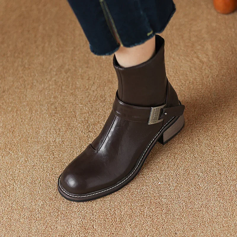 

Phoentin Elegant Ankle Boots Chunky Heels 5cm Vintage Shoes For Women With Belt Decoration Side Zip Up Black Brown Shoes FT3735