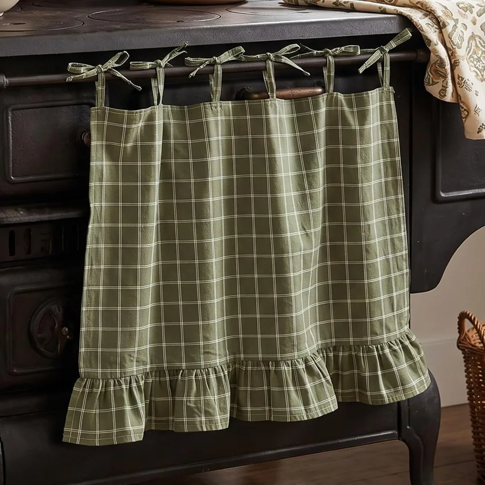 Decorative Cotton-Polyester Blend Oven Curtain Green Window Treatment Farmhouse Curtain Heat Safe Curtain Home Decoration