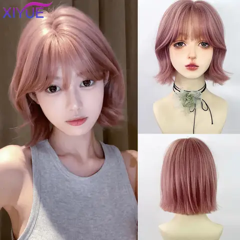 XIYUE 짧은 스트레이트 밥 합성 가발 핑크 천연 머리 가발 여성용 앞머리 코스프레 귀여운 가발 내열성 섬유