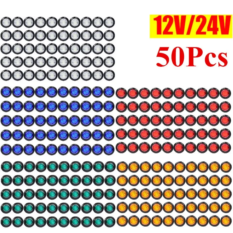 50Pcs LED 12V/24V Round Trailer Side Marker Light Yellow White Red For Truck Clearance Lights Truck Turn Signal Indicator Lamps