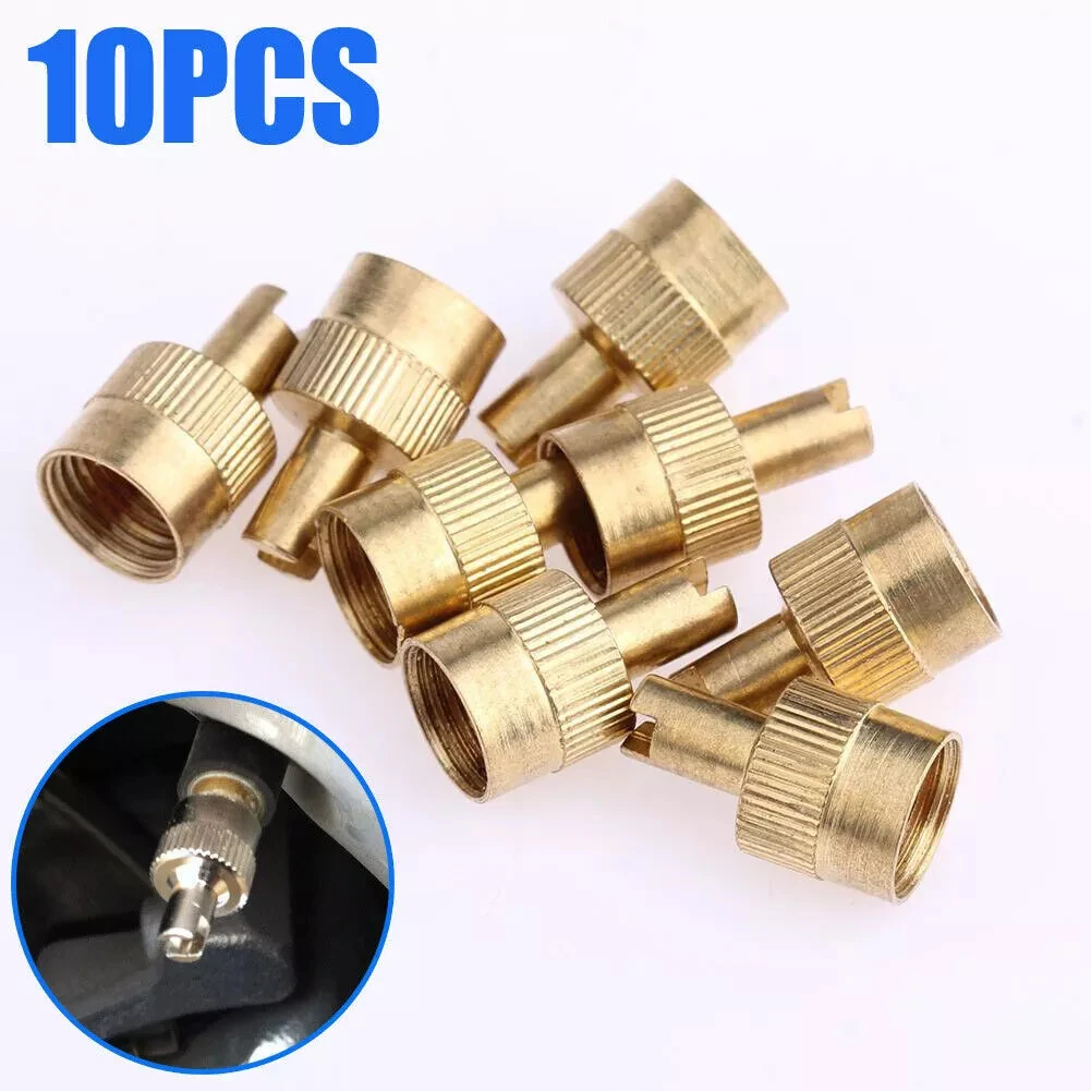 

10pcs Universal Slotted Head Valve Stem Caps with Core Remover Tool Kits for Vehicle Car Motorcycle Accessories Gold