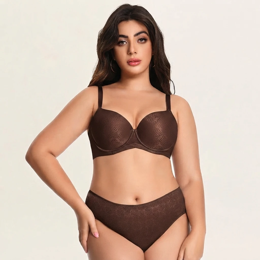 Plus Size Matte Snake Pattern Lingerie Set For Curvy Women C D E F G Cup Full Cup Underwire Bra Two-Piece Shaping Underwear