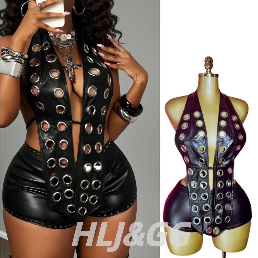 HLJ&GG Fashion Leather Hollow Halter Tops Women Deep V Back Bandage Metal Hole Top Sexy Hot Girl Irregular Tshirts Streetwear