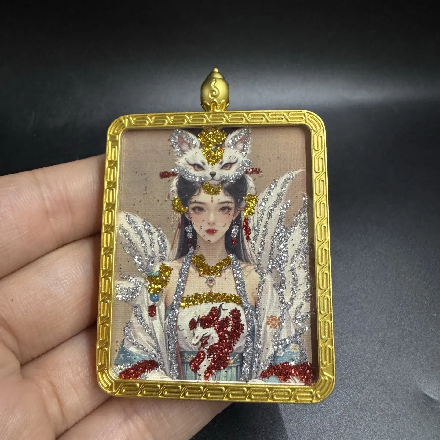 Nine-Tailed Fox Thangka Pendant, Gold Color Titanium Steel Box Necklace Amulet