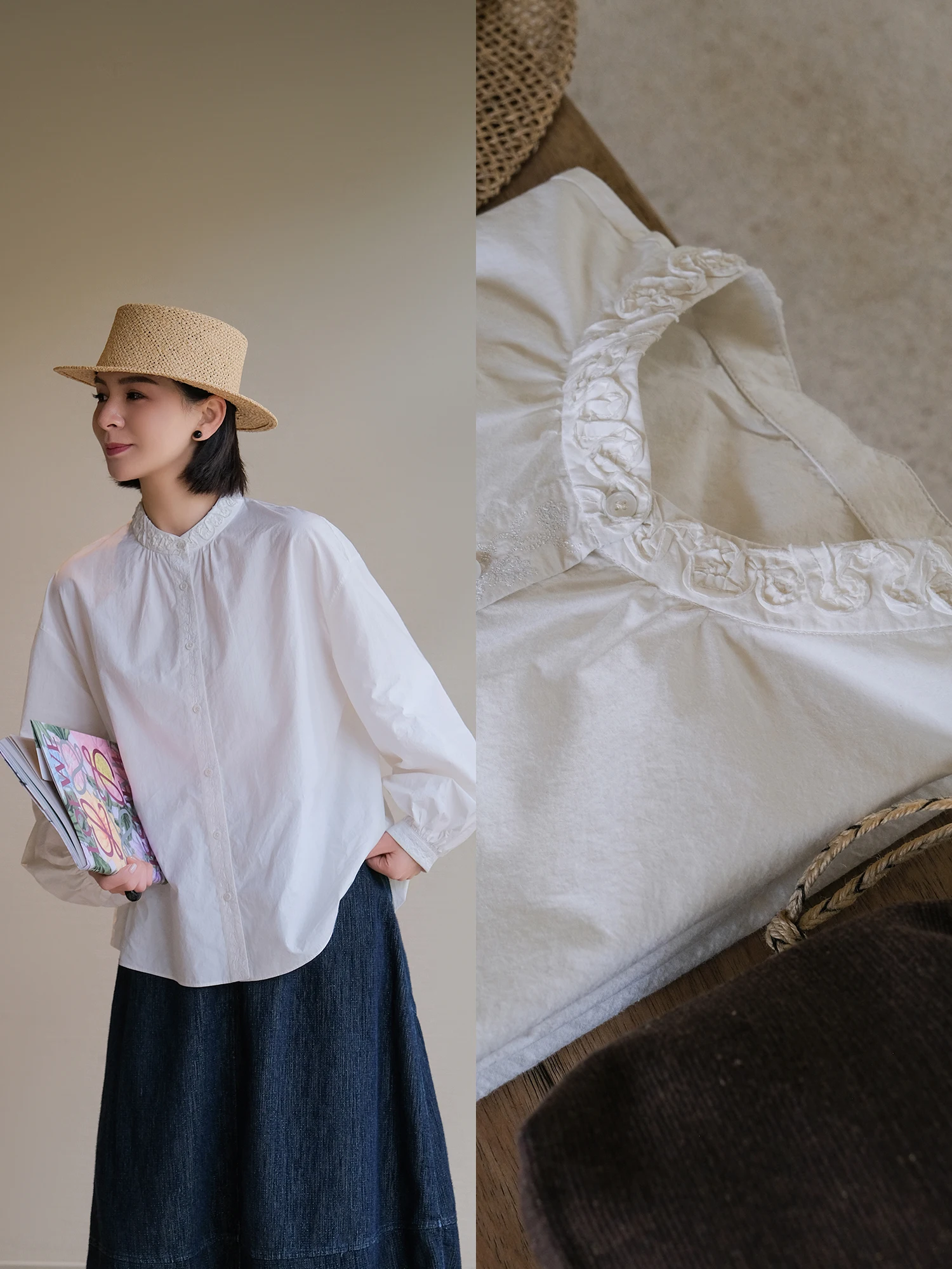 

Artistic Loose Fit Silk Cotton Embroidered Lantern Sve irt Heavyweight Crtsmanip Original Design Long Sve Button up