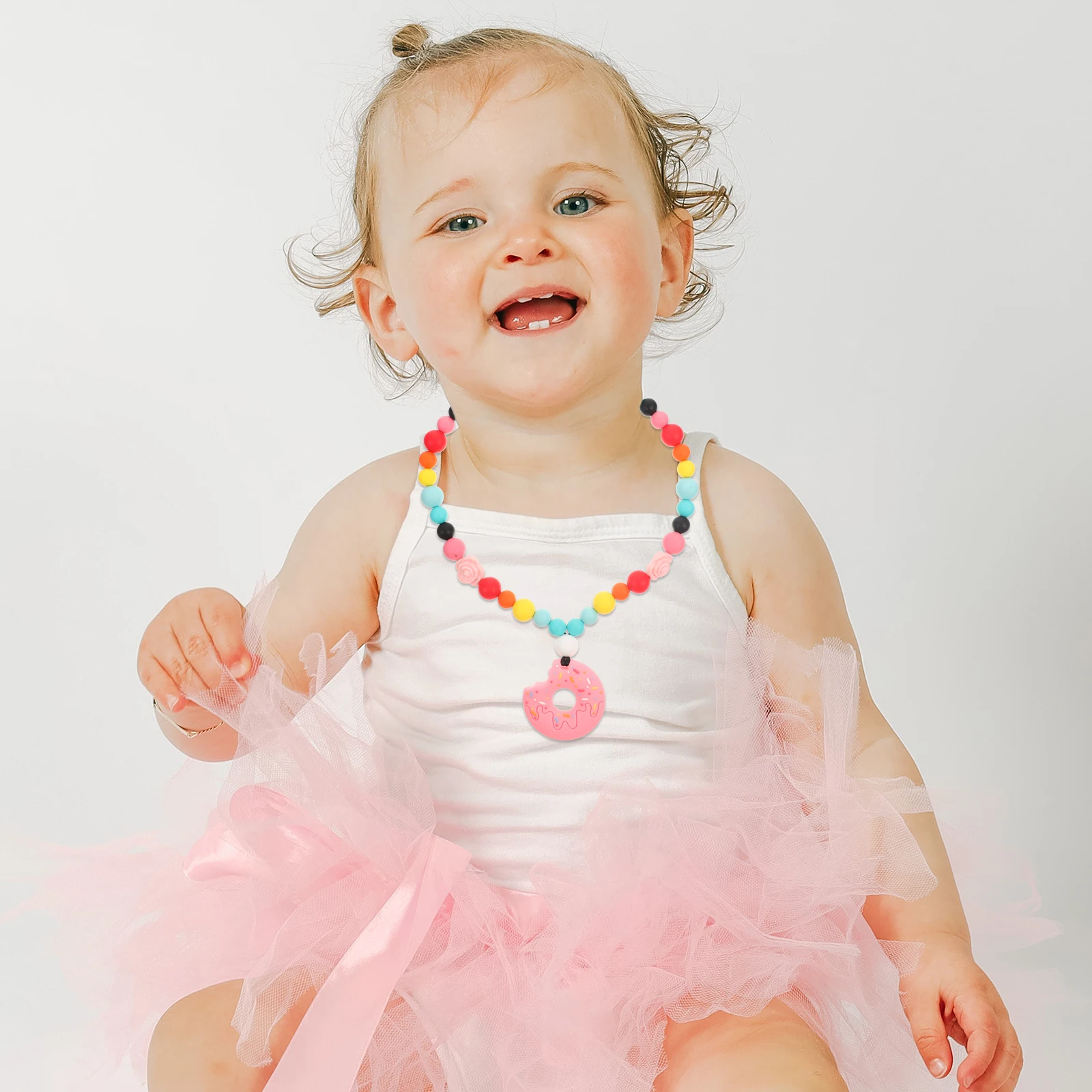 

Silicone Baby Donut Necklace Toys Chewing Teething Molar Toddler Props Infant Teethers Bright Color Easy Grasp Educational