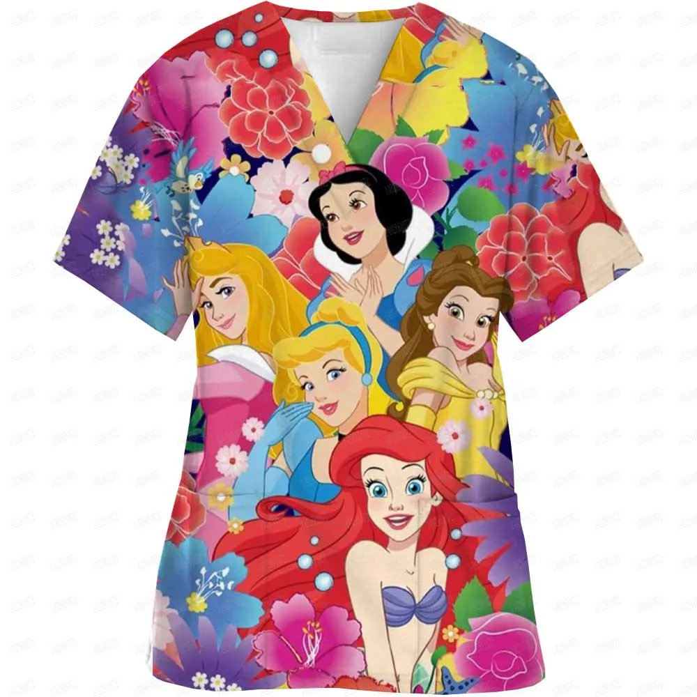 Disney Princess Summer Nurse Uniform Matte Top Women's Printed Nurse Uniform Short sleeved V-neck Top Work Shirt