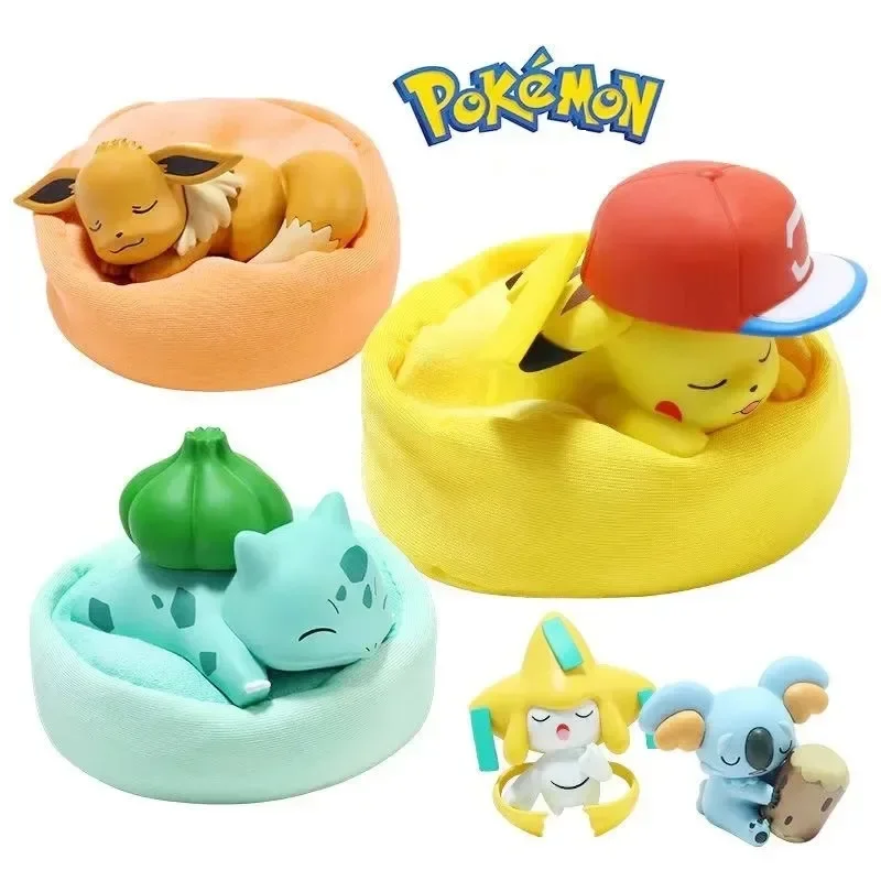 Kawaii Pokemon Pikachu Komala Bulbasaur Sleeping Position Model Anime Figure Genuine Collectible Model Ornaments Toys Kid Gifts