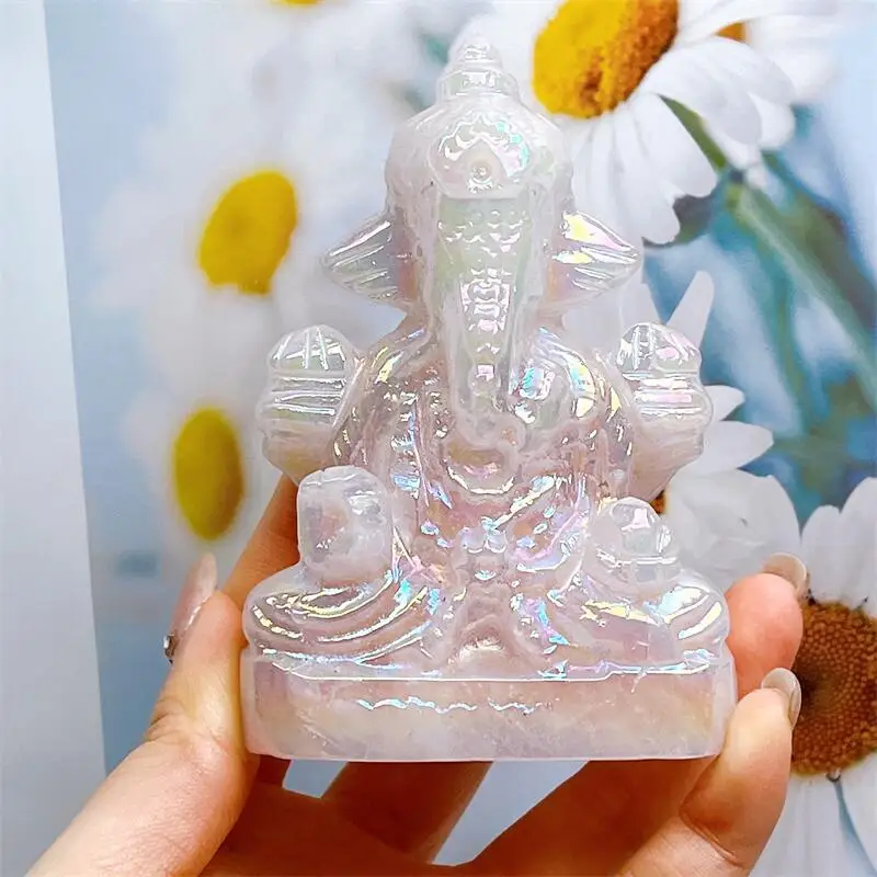 Natural Aura Rose Quartz Ganesha Statue Carving Reiki Healing Fengshui Stone Home Ornaments Decoration Holiday Gift 1pcs