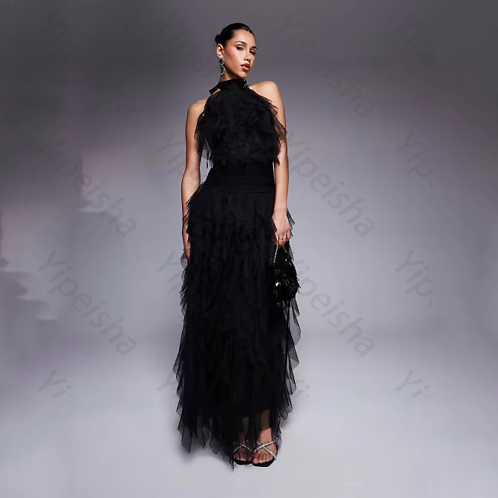 Vestidos De Noche clásicos De alta calidad, tul hasta el suelo, cuello Halter, sin mangas, vestido De graduación con gradas, Vestidos De Fiesta personalizados