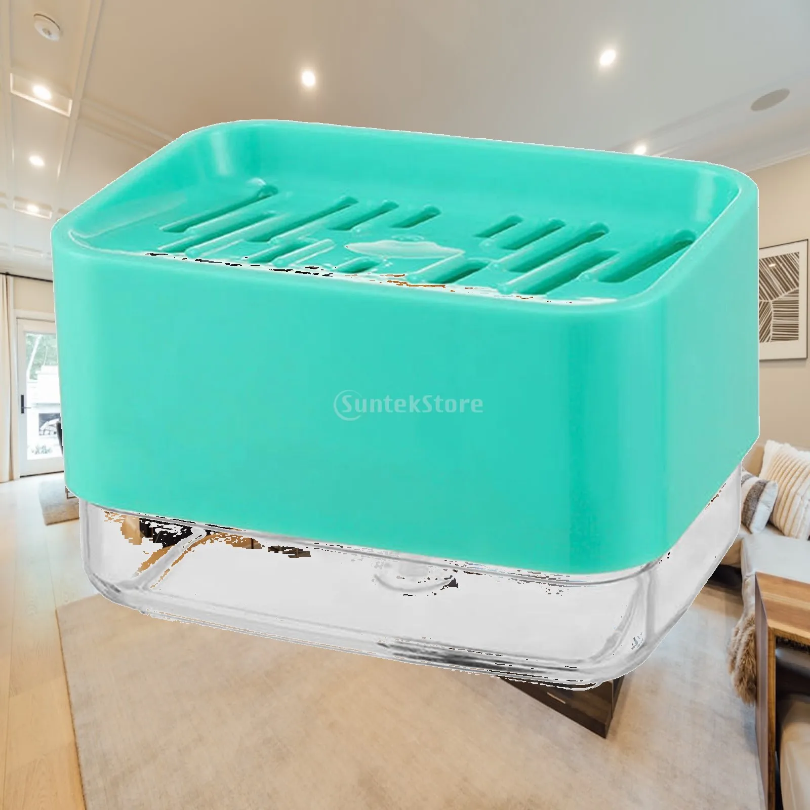 

Plastic Kitchen Countertop Soap Pump Holder Box with Sponge for Dishwashing Sink Soap Dispenser