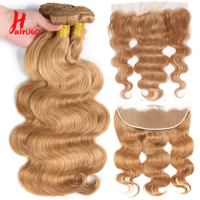 27# Body Wave Human Hair Bundles With Lace Front Brazilian Honey Blonde 13x4 Lace Front With Bundles Remy Hair Extension HairUGo