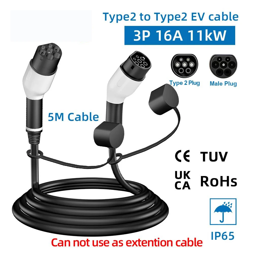 Cavo di ricarica EV da tipo 2 a tipo 2 16A 11KW Cavo trifase a doppia testa di pistola Cavo EV da 5 M per caricabatterie per veicoli elettrici