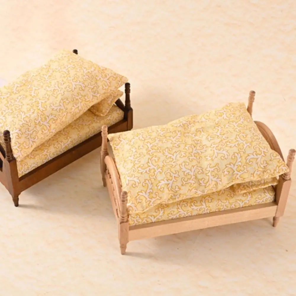 

Play House 1:12 Dollhouse Wood Bed Scene Decor Model Living Miniature Wood Bed Floral Bedroom Simulation Single Bed