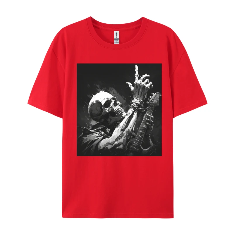 Illustration Of Skeleton Playing Guitar T-shirt 100% Cotton Camisa Red And Black Graphic T Shirt Street Camisas Basicas Hombre