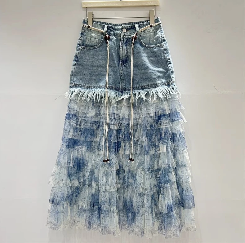 Personalizado denim emenda gaze cintura alta moda coreana saia verão menina versátil redução de idade férias longo bolo saias
