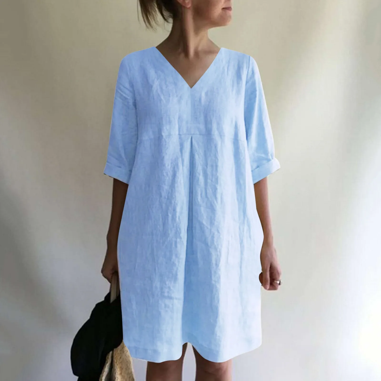 Casual Cotton Linen Shirt Dress For Women Solid Color V Neck Ruched Summer Midi Dress Simple Style Plus Size Beach Short Dresses