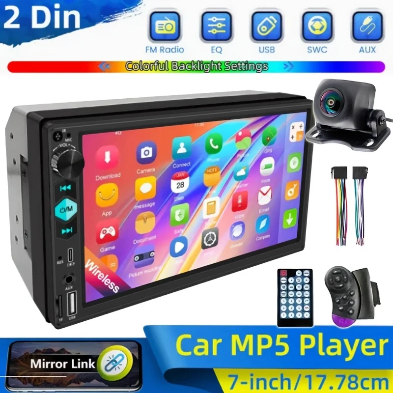 

Автомобильный MP5-плеер с сенсорным экраном 17,78 см | Регулируемая камера заднего вида, беспроводные звонки по Bluetooth, Mirror Link, Type-C