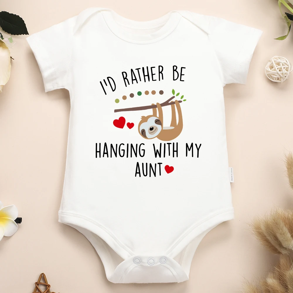 “I\'d Rather Be Hanging With My Aunt” Fun Newborn Clothes Pure Cotton Onesies Cartoon Sloth Cute Baby Boy Bodysuit Gift Cheap