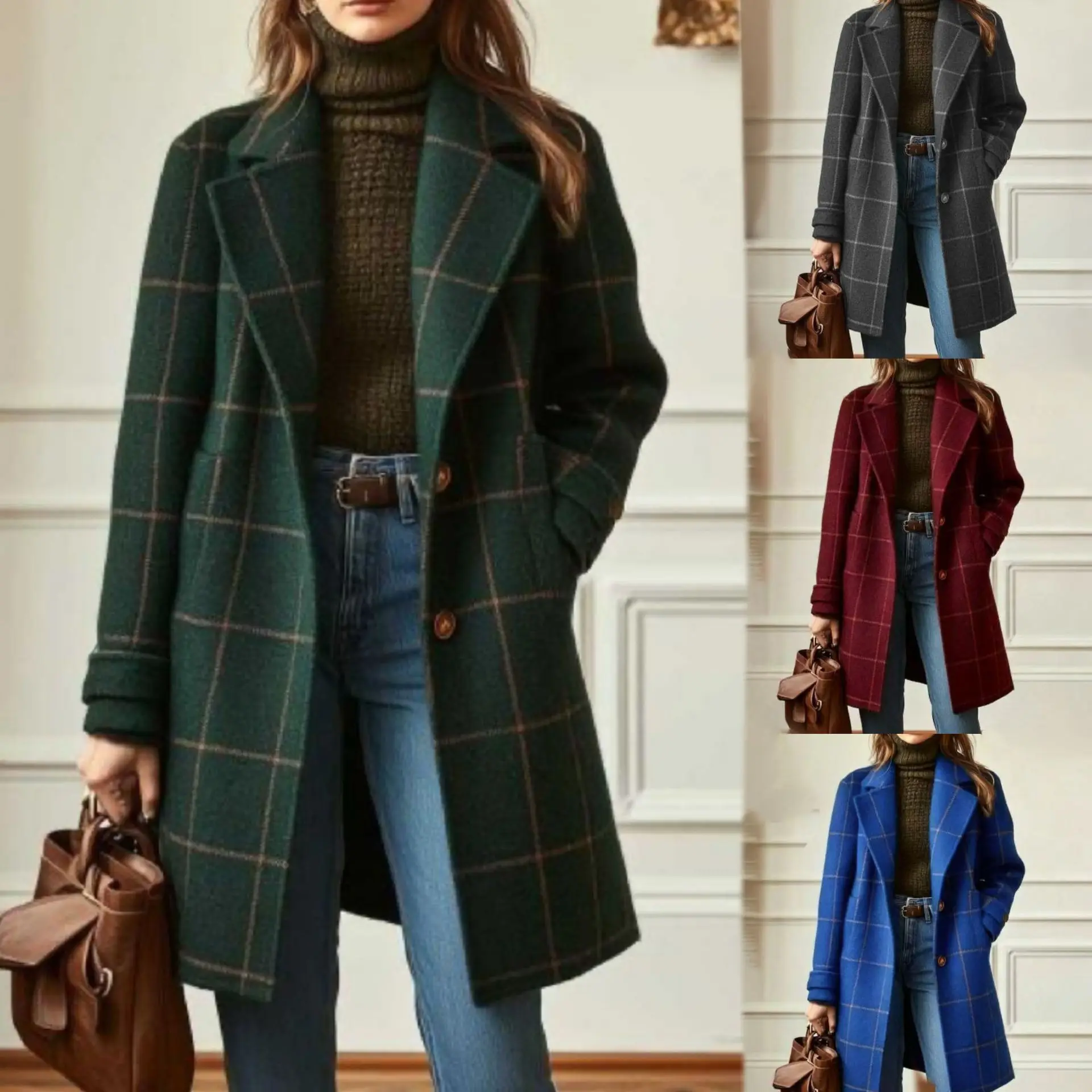 

Women Wool Mid Length Coats Jackets Blends Plaid Turn Down Collar Coat Thick Warm Y2k Streetwear Jacket Work Outerwear 2026