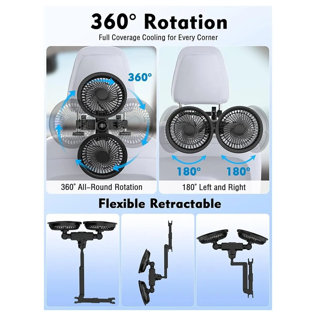 ■★New Arrival Fashion  Rechargeable Dual Head Backseat Car Fan, LED Display 3 Speed 360° Rotation USB Cooling Fan