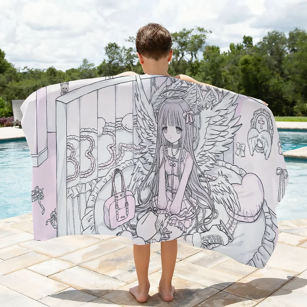 Anime Angel Girls Kawaii Towel Quick Dry Absorbent Beach Towel for Sports, Fitness, Swimming and Outdoor Activities