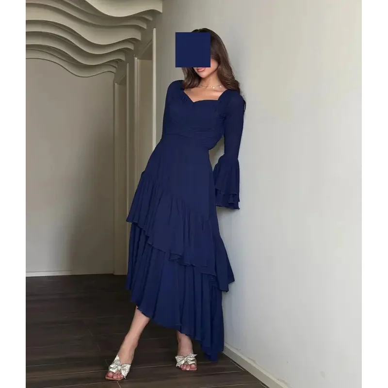 Indie Customized Blue Square Neck Prom Dresses Women Ruffle Chiffon Party Evening Dress Floor Length Special Occasion Gowns 2025