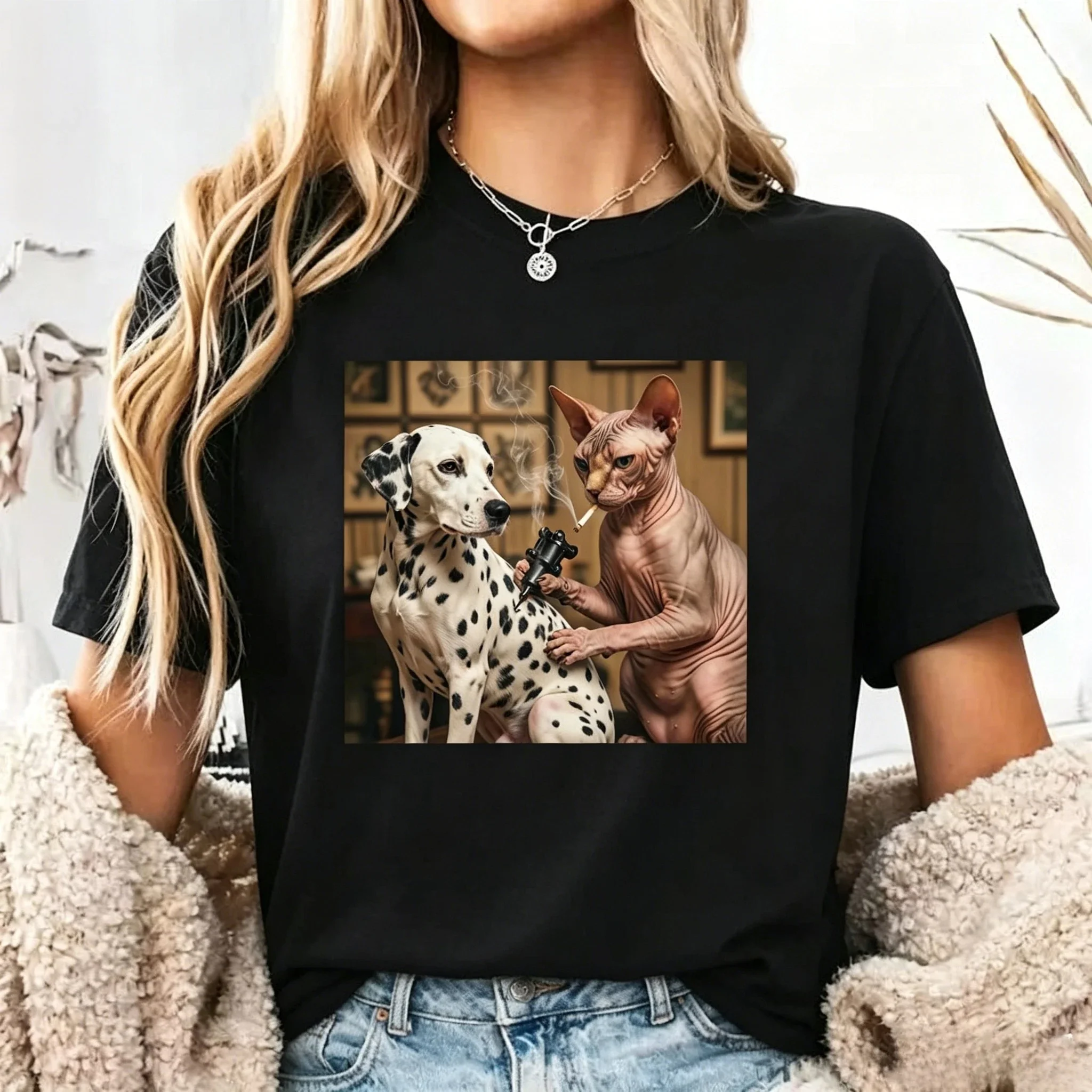 Sphinx Hairless Cat Tattoo Spotted Dog Fun Emoji T-shirt American High Street Trendy Men's and Women's Loose Casual Top