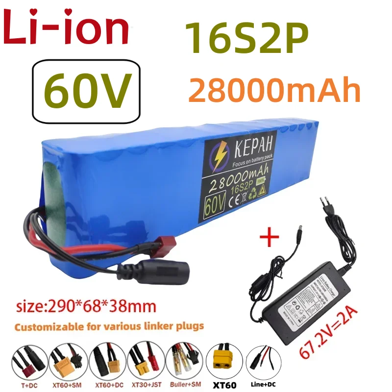 60V 16S2P 28Ah 18650 Rechargeable Li-ion Battery Pack 67.2V Lithium Ion 28000mAh Ebike Electric Bicycle Scooter with BMS，Charger