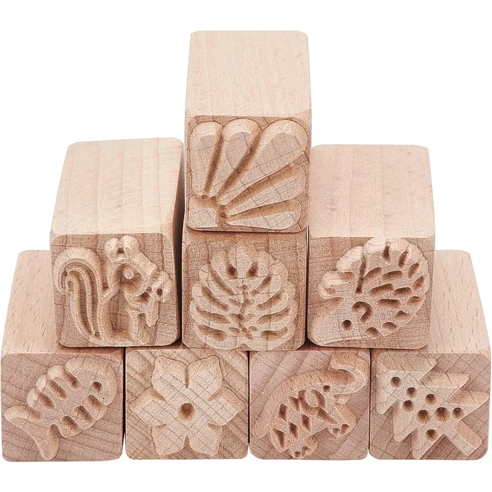 8PCS Wood Pottery Tools Stamps Square Wooden Stamps Natural Wood Stamps with Mixed Patterns for Clay Valentine's Day Easter