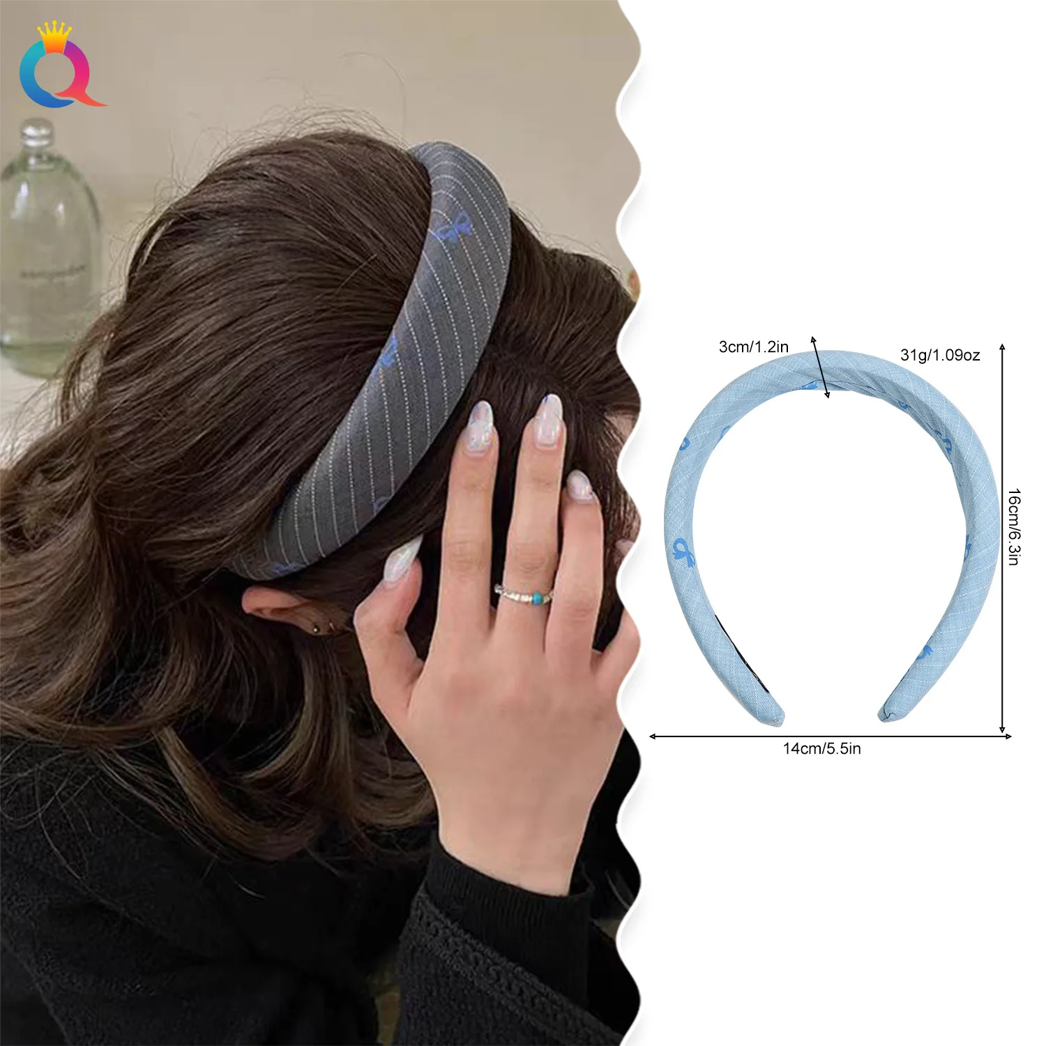 Fresh Blue Bow Striped Headband Wide Edge Girl High Temperament Versatile Headband Hairpin Hair Jewelry