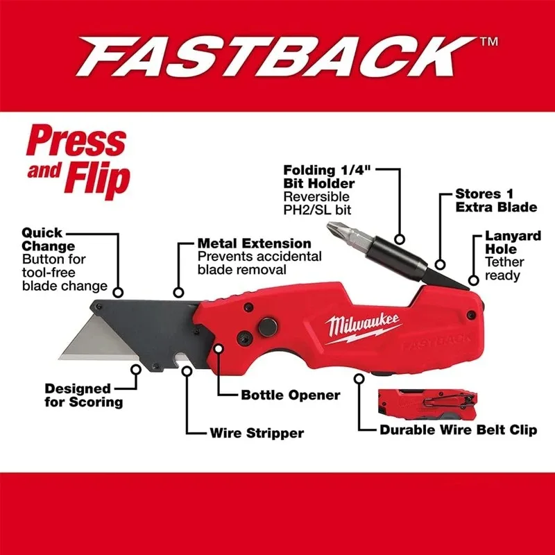 MILWAUKEE 48-22-1505 FASTBACK 6-in-1 Folding Utility Knife Multi-Purpose Folding 1/4