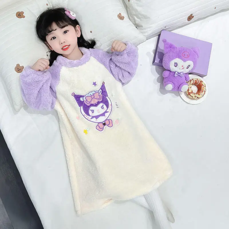 حار سانريو الفتيات الكرتون المرجان بيجامة من الصوف Kuromi الاطفال Kawaii ملابس خاصة رداء الترفيه ارتداء ربيع الخريف ليلة الملابس جديد